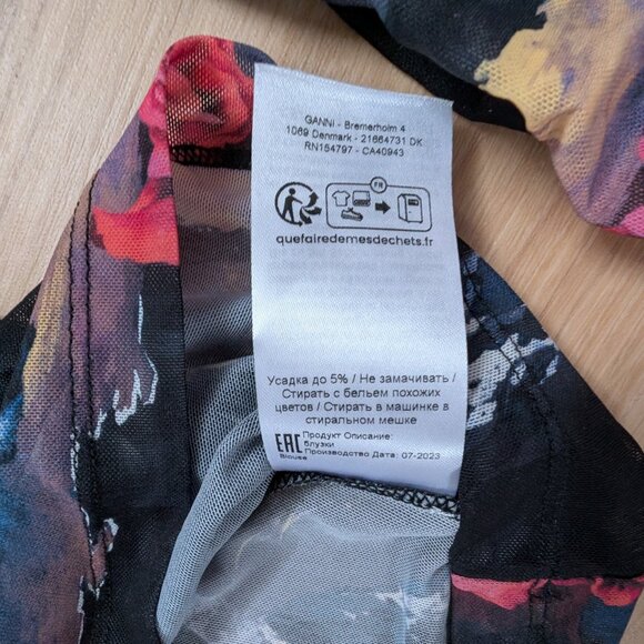 GANNI Mesh Print Long Sleeve Blouse Size 42 Sheer Floral Graphic Top - Picture 5 of 7